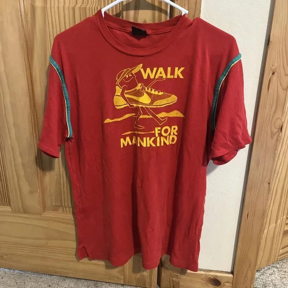 Vintage 1970s L Walk For Mankind Nike Sneaker Graphic Red T Shirt Single Stitch - Picture 1 of 9